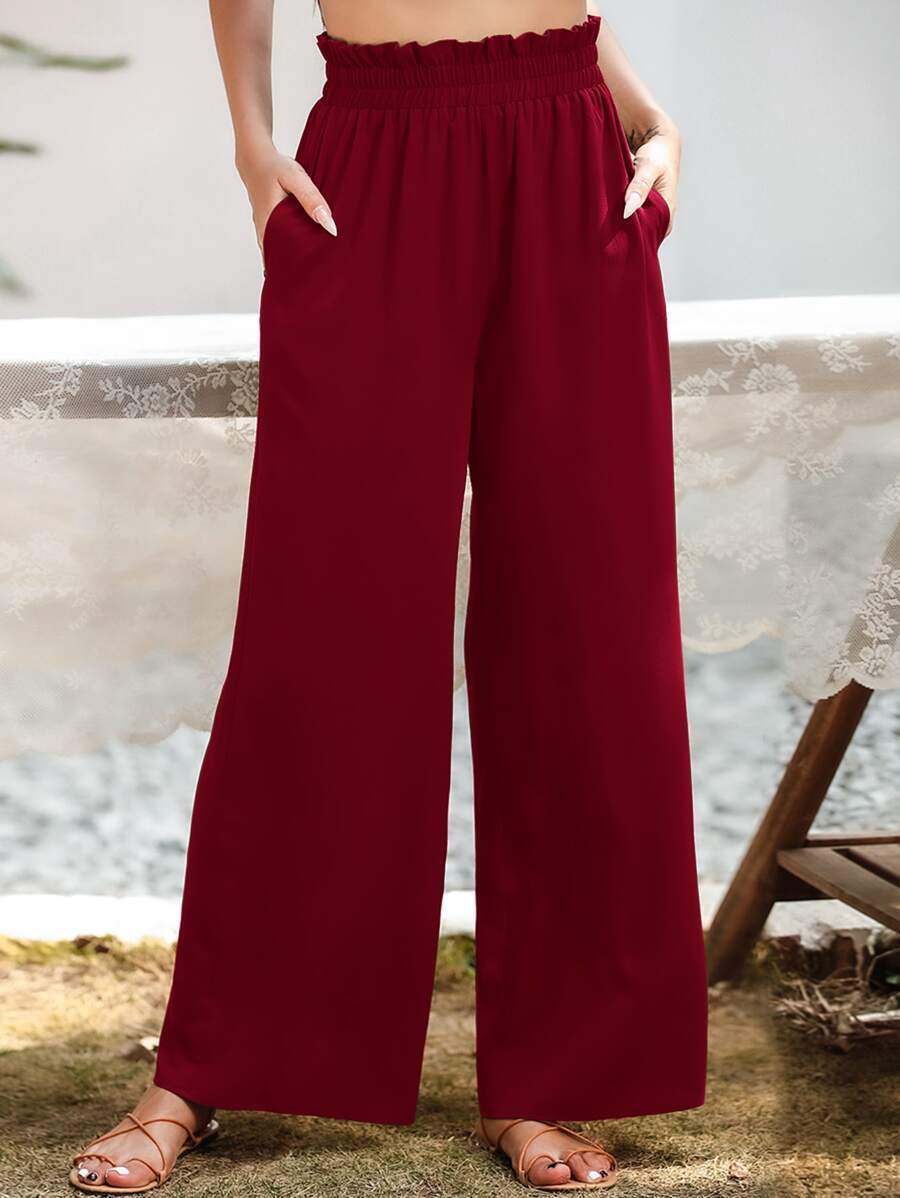 SHEIN Essnce Slant Pocket Wide Leg Trousers - Burgundy - View 1