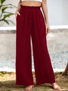 SHEIN Essnce Slant Pocket Wide Leg Trousers - Burgundy - View 3