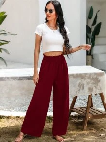 SHEIN Essnce Slant Pocket Wide Leg Trousers - Burgundy - View 5
