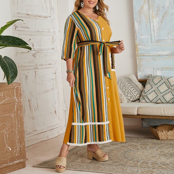 

Plus Button Front Striped Belted Patch Pocket Dress, Multicolor