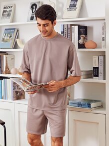 GENTILAND Men Round Neck Solid Tee & Track Shorts Set - Dusty Pink - View 1