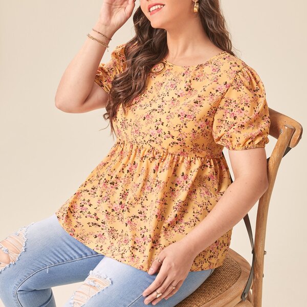 

Plus Puff Sleeve Ditsy Floral Top, Multicolor