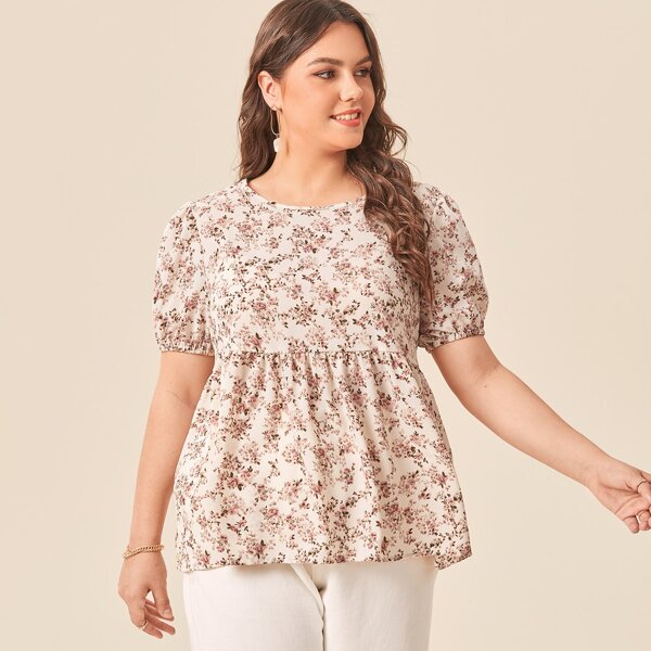 

Plus Puff Sleeve Ditsy Floral Top, Multicolor