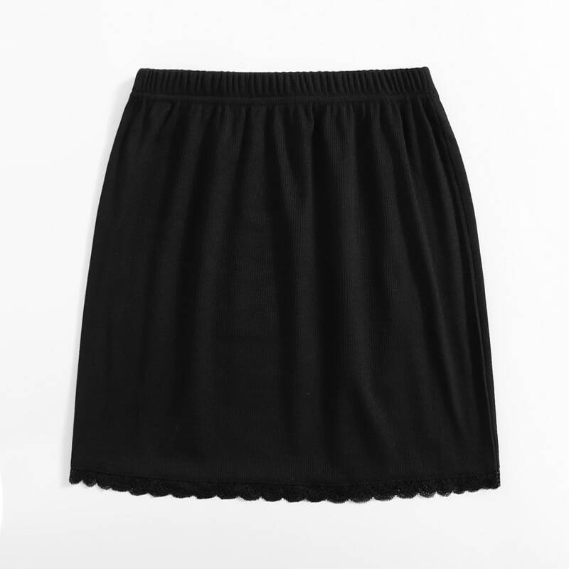 

Solid Lace Trim Ribbed Skirt, Black
