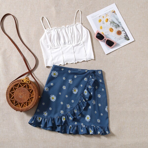 

Ruched Bust Lettuce Trim Crop Cami Top & Daisy Floral Skirt Set, Multicolor