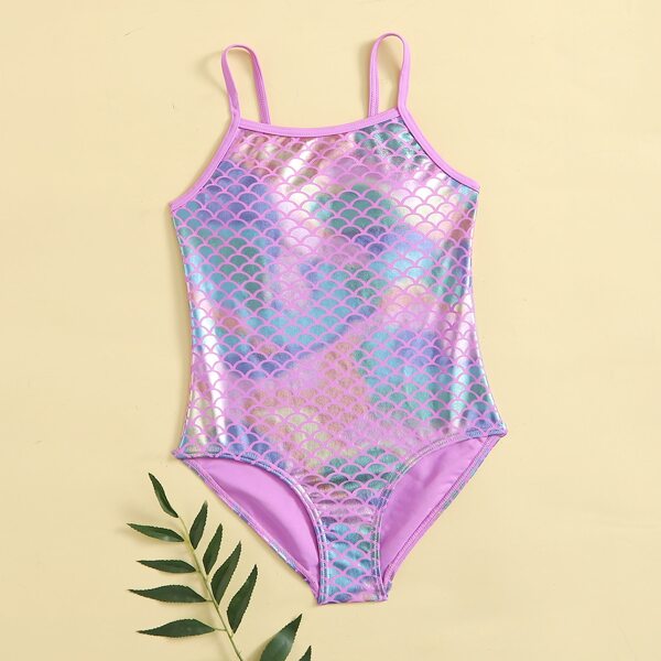 

Girls Metallic Fish Scale Pattern One Piece Swimsuit, Multicolor