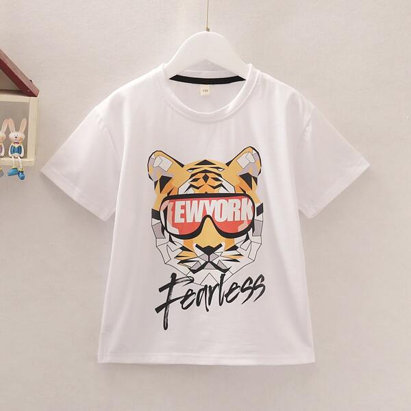 

Boys Letter & Tiger Print Tee, White