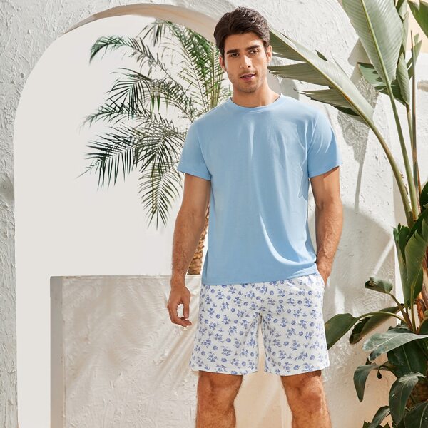 

Men Ditsy Floral Drawstring Shorts, Blue and white