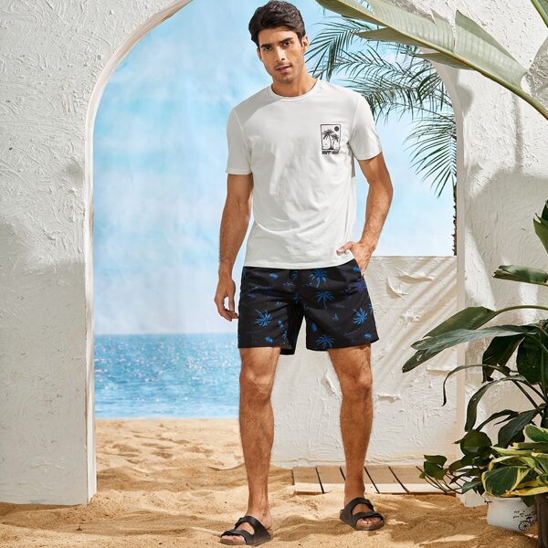

Men Random Tropical Print Drawstring Swim Trunks, Black