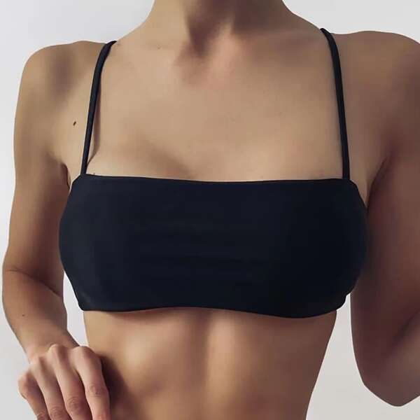 

Solid Spaghetti Strap Bikini Top, Black