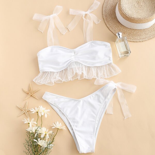 

Ruched Tie Shoulder Bikini Swimsuit, White