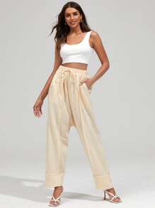 SHEIN Seam Front Drop Crotch Trousers - Apricot - View 5
