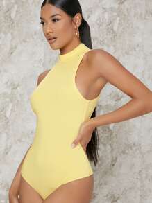 SHEIN BAE Solid Halter Neck Skinny Bodysuit - Yellow - View 3