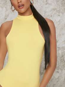 SHEIN BAE Solid Halter Neck Skinny Bodysuit - Yellow - View 4