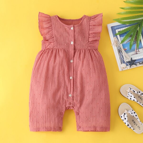 

Baby Girl Solid Swiss Dot Button Front Ruffle Romper, Coral pink