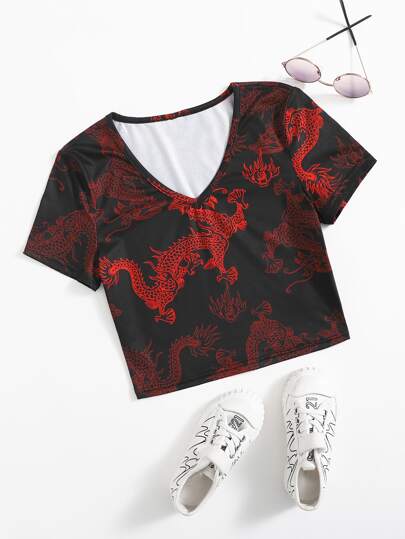 تي شيرت بعنق V بطباعة تنين صيني للبنات المراهقات