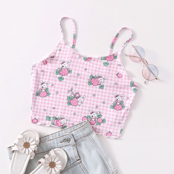 

Teen Girls Cartoon & Gingham Print Lettuce Trim Crop Cami Top, Multicolor