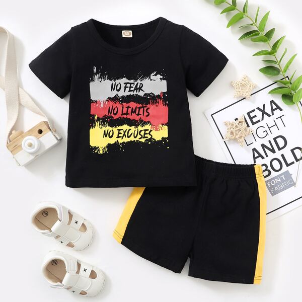 

Baby Boy Slogan Graphic Tee With Shorts, Black