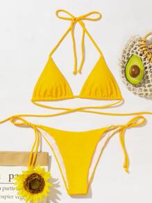 Triangle Tie Side Bikini Set For Summer Beach Vacation - Yellow - View 3