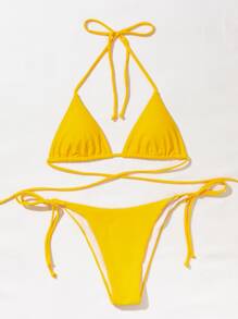 Triangle Tie Side Bikini Set For Summer Beach Vacation - Yellow - View 4