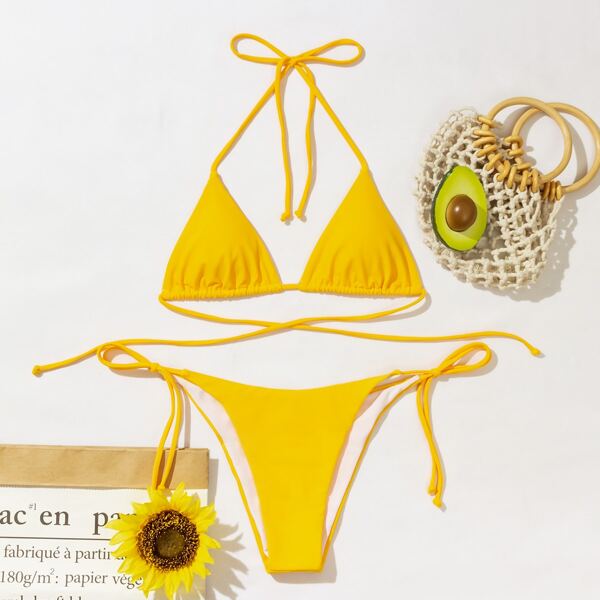 

Triangle Tie Side Bikini Swimsuit, Yellow