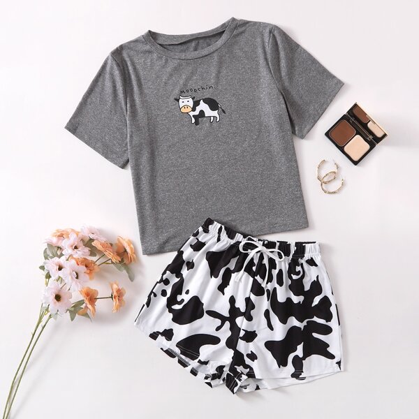 

Cartoon & Letter Graphic Pajama Set, Multicolor