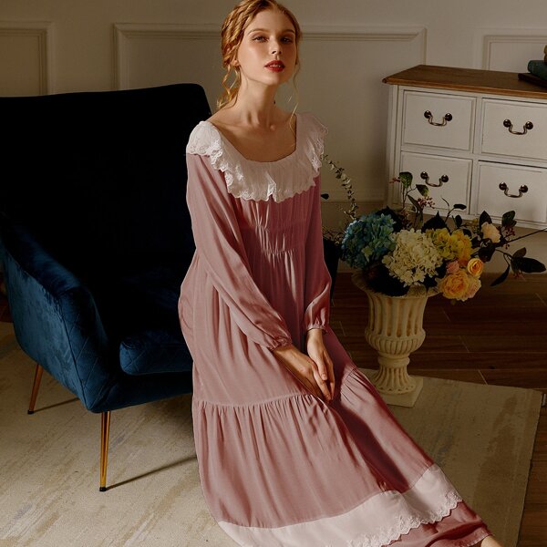 

Contrast Lace Ruffle Hem Night Dress, Dusty pink