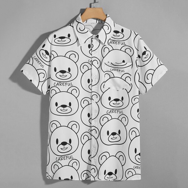 

Men All Over Cartoon Graphic Button Shirt, White