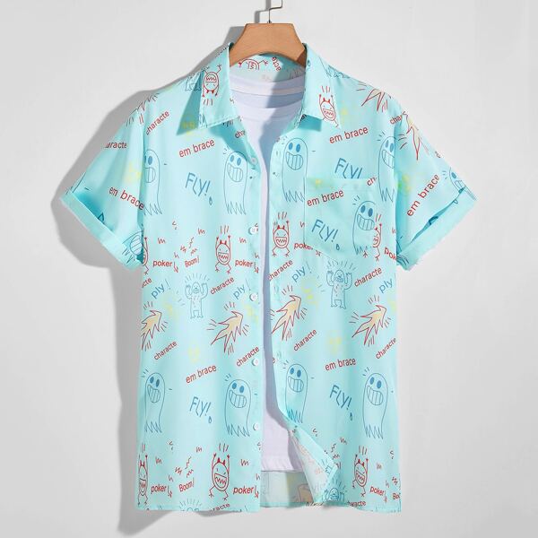 

Men Ghost And Letter Graphic Button Shirt Without Tee, Mint blue