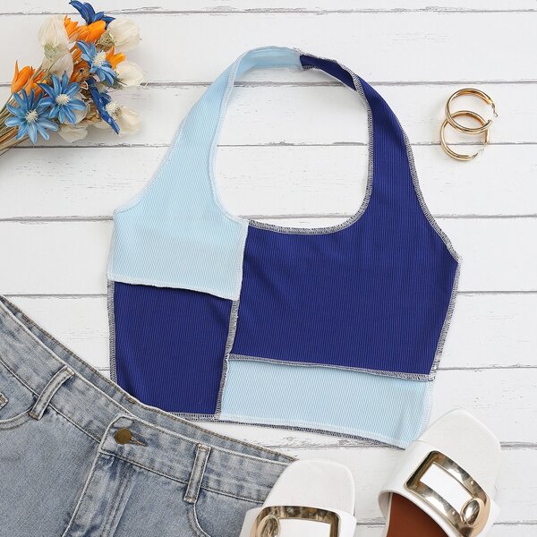 

Two Tone Stitch Detail Halter Top, Multicolor