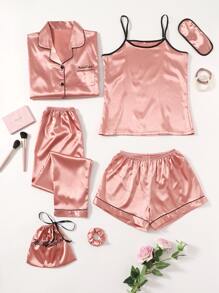 7pcs Contrast Binding Satin PJ Set - Coral Pink - View 1