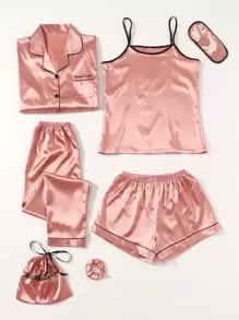 7pcs Contrast Binding Satin PJ Set - Coral Pink - View 4