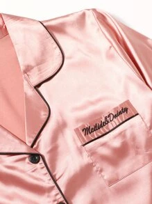 7pcs Contrast Binding Satin PJ Set - Coral Pink - View 6