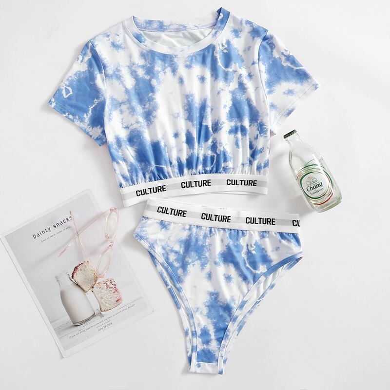 

Tie Dye Letter Tape Lounge Set, Blue and white