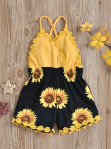 SHEIN 年輕少女向日葵印花貼花交叉吊帶連體褲 - 彩色 - 查看 1
