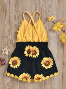 SHEIN 年輕少女向日葵印花貼花交叉吊帶連體褲 - 彩色 - 查看 2