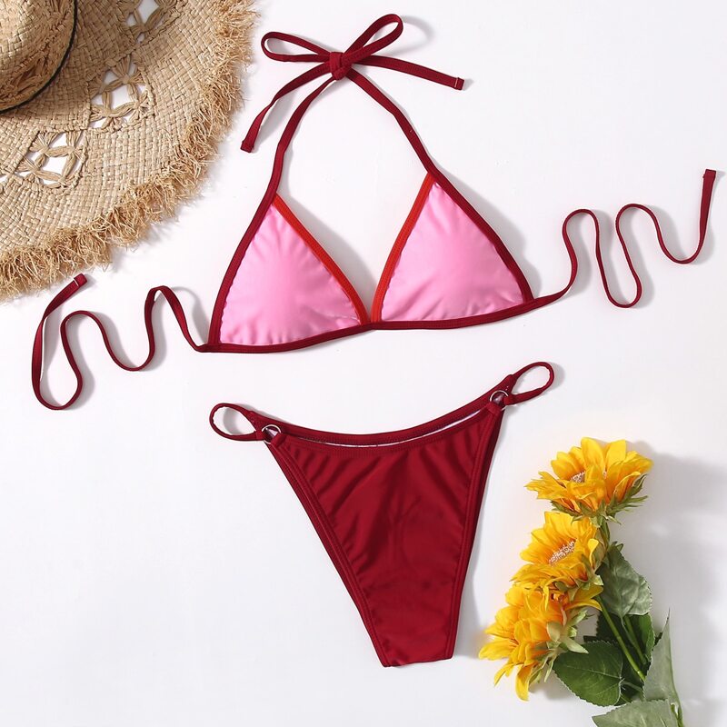 

Contrast Binding Ring Linked Bikini Swimsuit, Multicolor