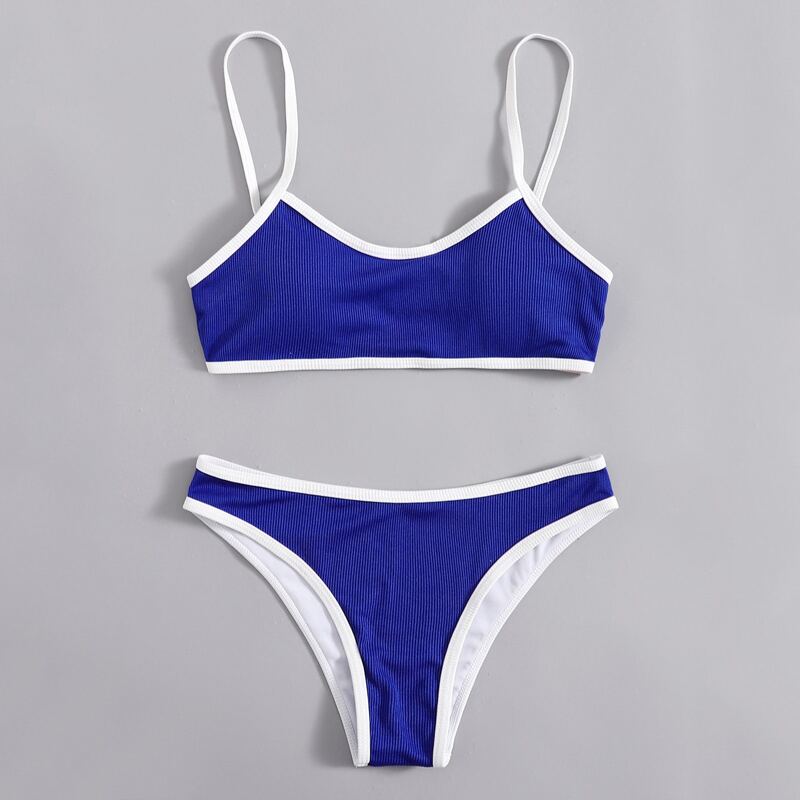 

Contrast Binding Rib Bikini Swimsuit, Blue