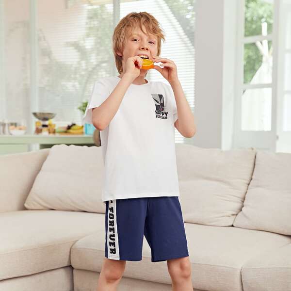 

Boys Rabbit and Letter Print Top & Shorts Set, Blue and white