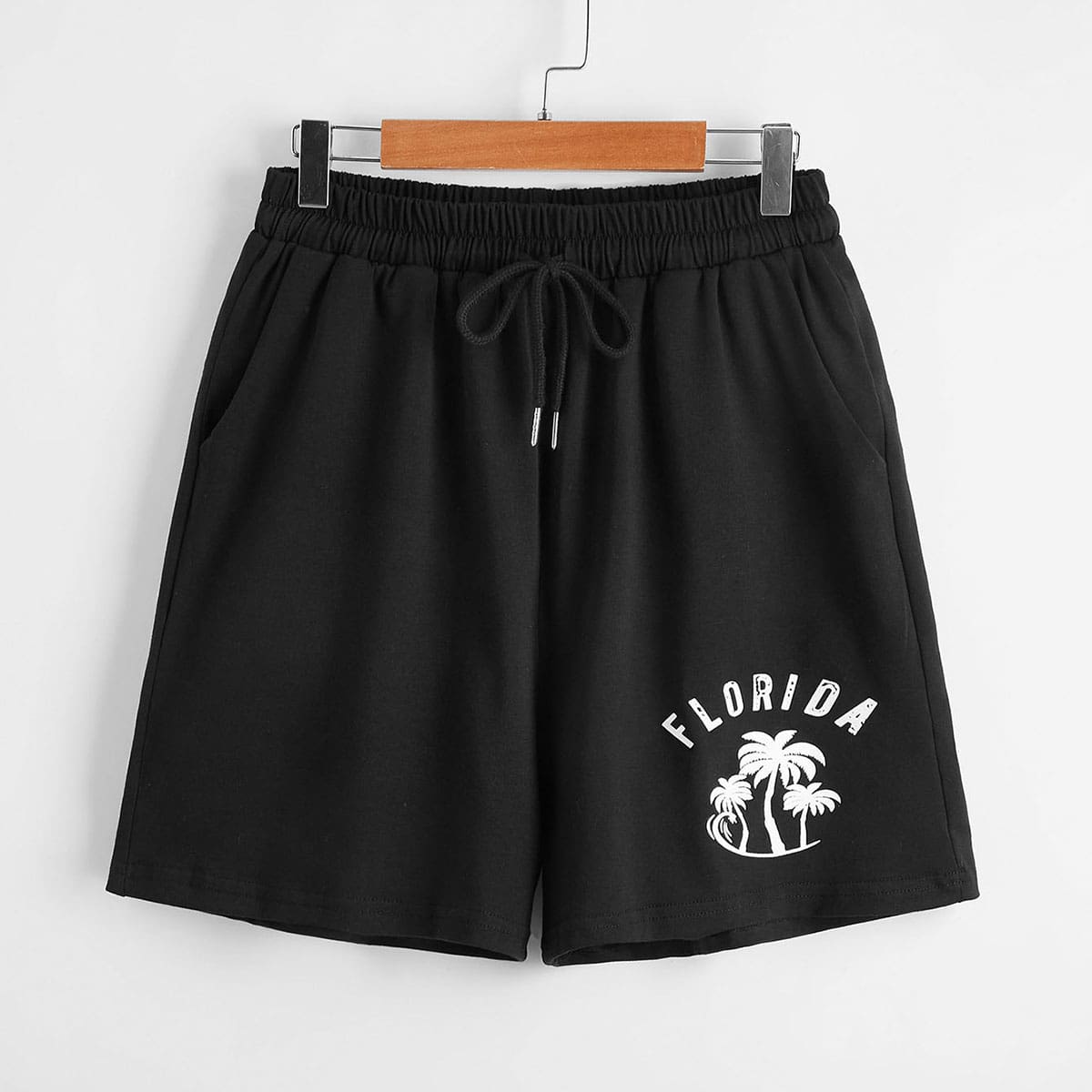 

Letter Graphic Drawstring Shorts, Black