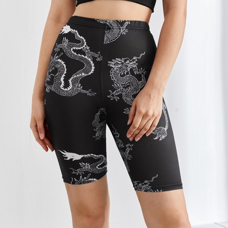 

Chinese Dragon Print Biker Shorts, Black