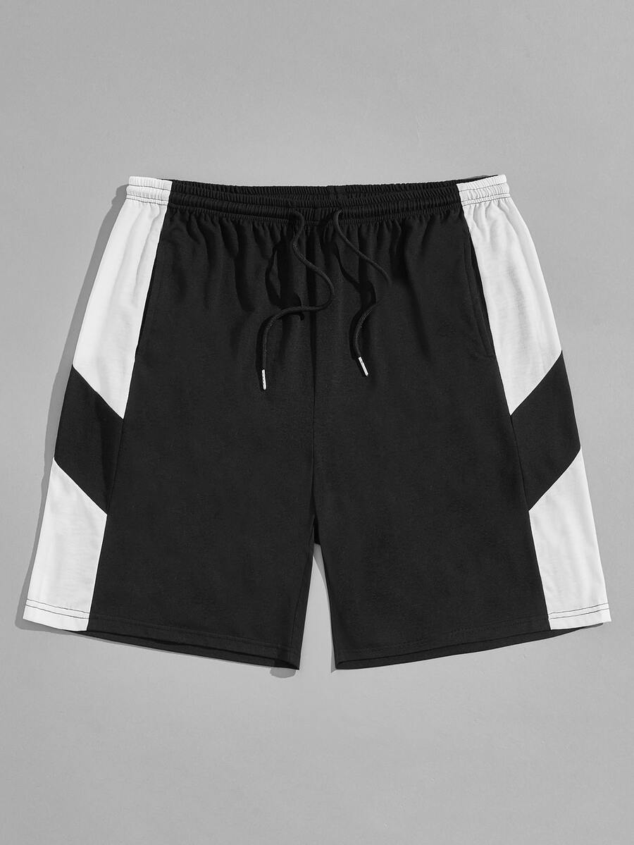 Hombres Shorts de dormir panel en contraste con cordón - Negro - Ver 1