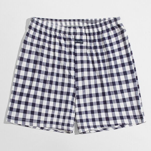 

Men Letter Patched Gingham Sleep Shorts, Black and white