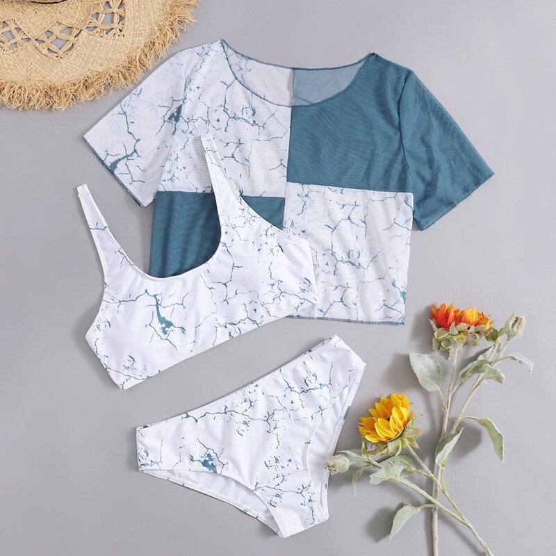 

3pack Marble Bikini Swimsuit With Cover Up, Dusty blue
