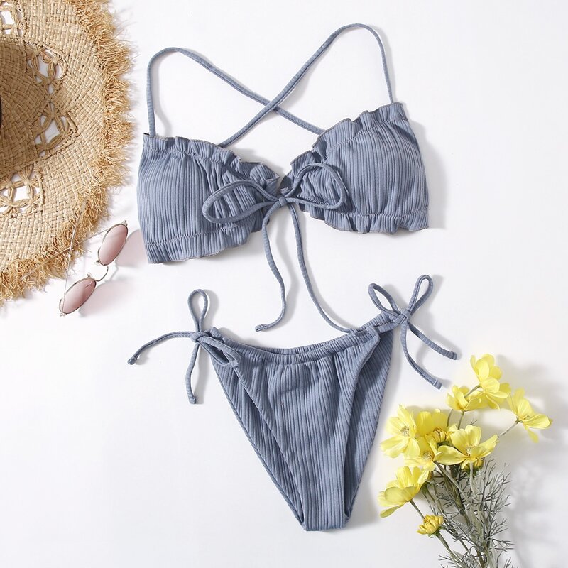 

Frill Trim Criss Cross Bikini Swimsuit, Baby blue