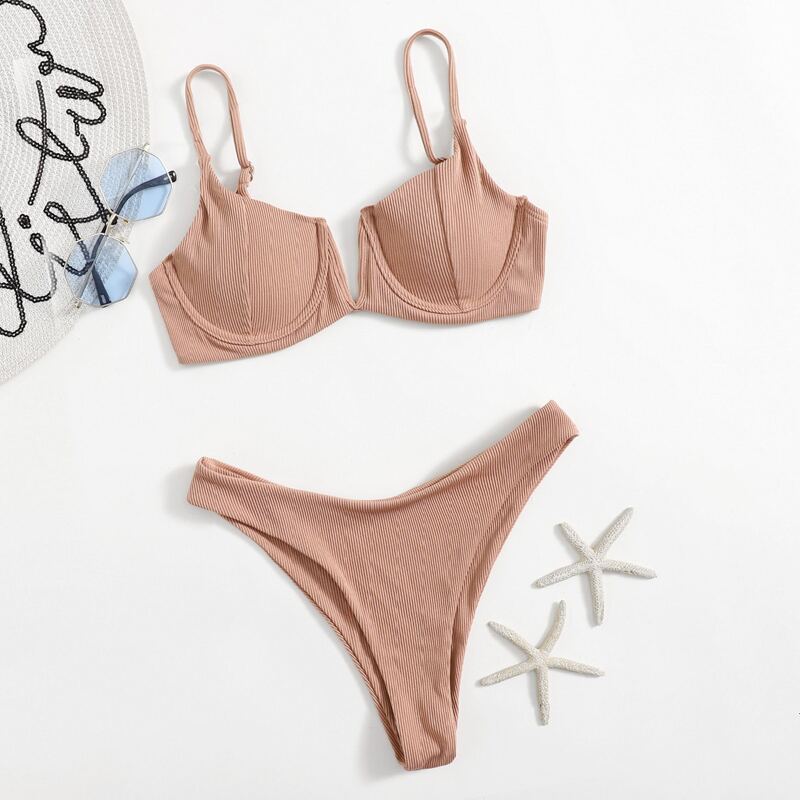

Solid V Wired Bikini Swimsuit, Coral pink