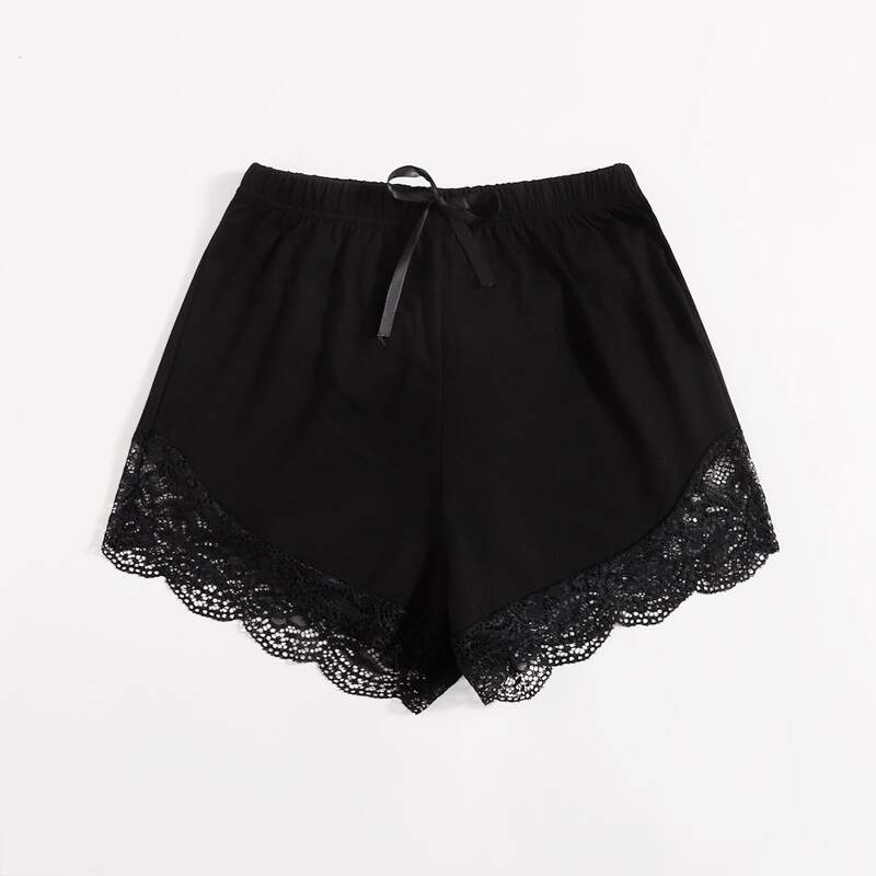 

Contrast Lace Tie Front Shorts, Black