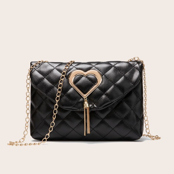 

Tassel Decor Quilted Crossbody Bag, Black
