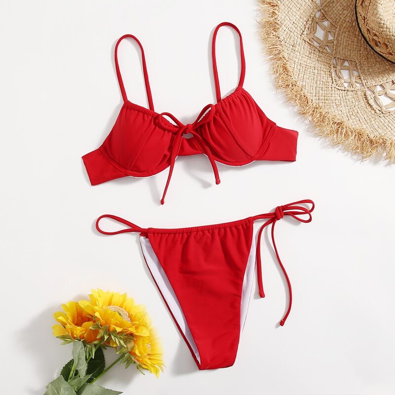 

Solid Tie Side Bikini Swimsuit, Red
