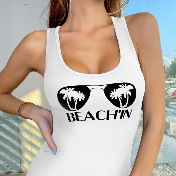 

Letter & Tropical Print Tank Top, White